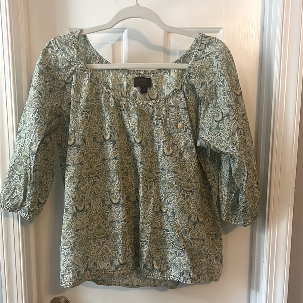J. Crew Green Smocked Liberty of London 3/4 Sleeve Blouse